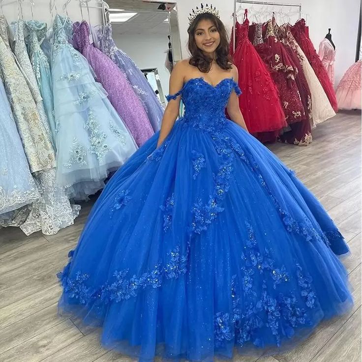 Vestido de quinceañera azul rey con hombros descubiertos, moda, flores 3D, tul, dulce 16, princesa, Y524