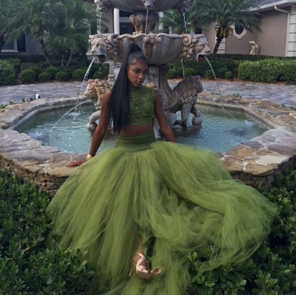 Vestido de fiesta verde oliva de dos piezas con corpiño de encaje para niña africana, vestido de noche para niña negra Y534