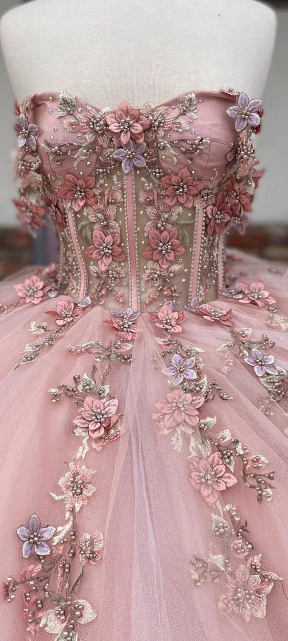 Vestido de fiesta de quinceañera con apliques florales de tul rosa Y527
