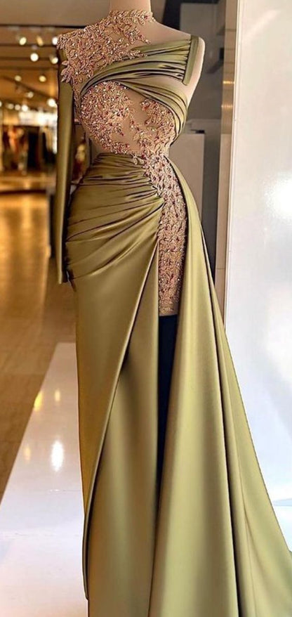 Vestido de fiesta largo de satén verde oliva con una manga y corte sirena, vestido de noche encantador Y520