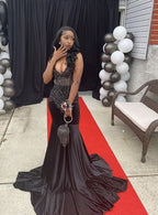 Meerjungfrau Schwarzes V-Ausschnitt Ballkleid Charmantes Abendkleid mit Schleppe Y543