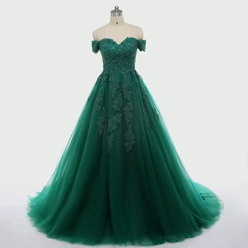 Vestido sexy de encaje verde oscuro con apliques, manga corta, para fiesta de graduación de 15 años, cola capilla personalizada, para dulces 16 años, Y610