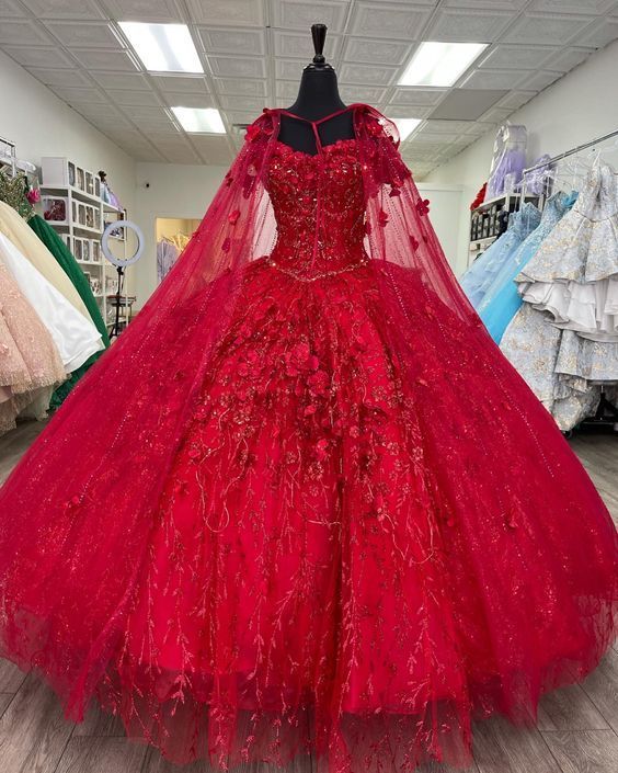 Rot Quinceanera Kleider 3D Blumen Appliques Ballkleid Süße 16 Kleid Y585
