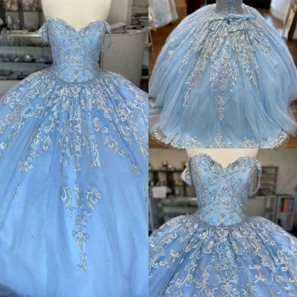 Vestido de quinceañera azul de Winter Wonderland, vestido de tul azul con encaje Y674