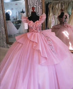 Rosa 3D Blumen Quinceanera Kleid Prinzessin Kleid Ballkleid Y597