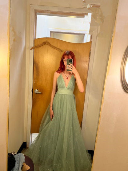Vestido de fiesta largo verde brillante con escote en V, sin mangas, corte A, Y621