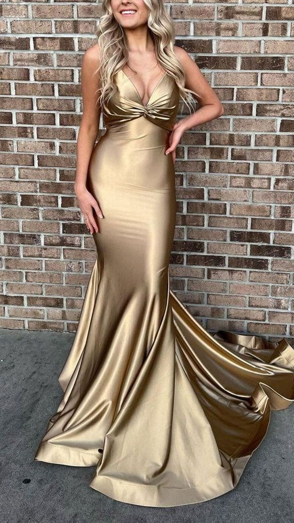 Impresionante vestido de noche formal dorado con tirantes finos, corte sirena, vestido de fiesta largo Y609