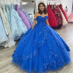 Vestido de quinceañera azul rey con hombros descubiertos, moda, flores 3D, tul, dulce 16, princesa, Y524