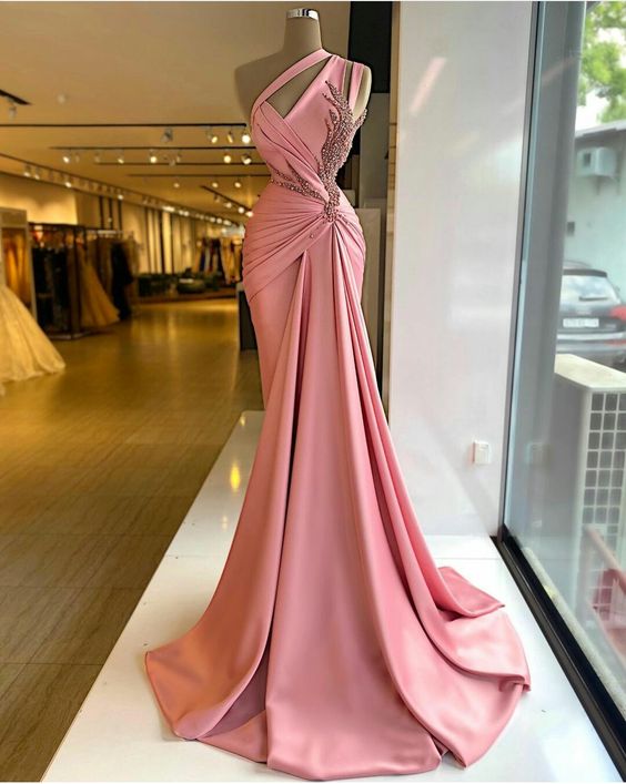 Vestidos de fiesta plisados ​​rosas, vestidos de fiesta con perlas, vestidos de noche de satén, vestidos de fiesta árabes Y560