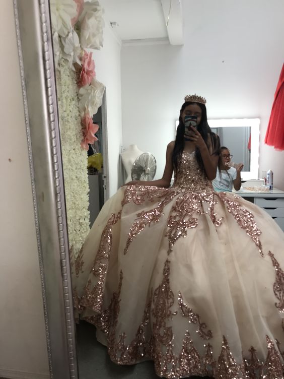 Vestido de quinceañera con apliques de lentejuelas de oro rosa, escote corazón, corsé con cordones, vestido de princesa, vestido de baile Y581