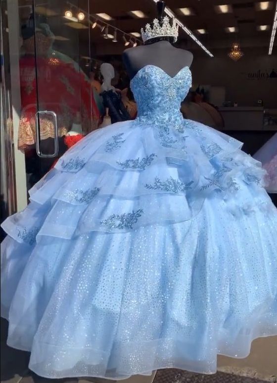 Vestido de fiesta abullonado, vestido princesa de tul azul, vestido de quinceañera azul Y528