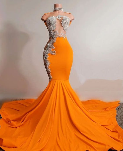 Vestido de fiesta de sirena naranja sin mangas, vestido de noche encantador Y567