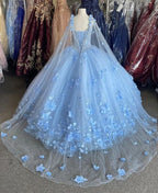 Vestido de fiesta elegante de tul con flores azules S26907