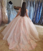 Vestido de quinceañera de tul rosa claro con cuentas y cristales, hombros descubiertos, estilo princesa, para fiesta de graduación, color rosa ruborizado, S27021
