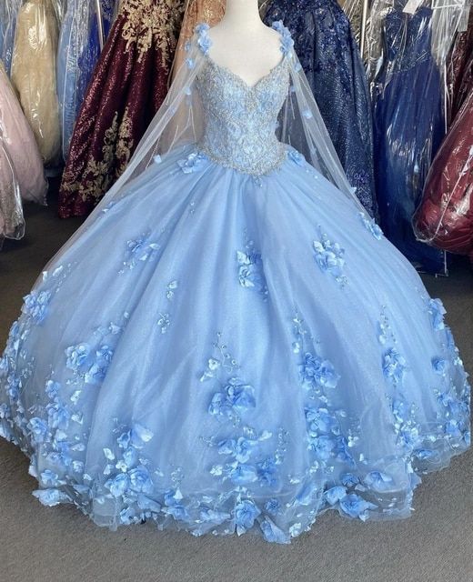 Vestido de fiesta elegante de tul con flores azules S26907