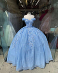 Vestido de fiesta azul con hombros descubiertos, vestido de fiesta brillante con flores S26908