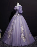 Charmantes lila kurze Ärmel Tüll Puffy langes formelles Kleid schöne Abendkleid Partykleid S26513