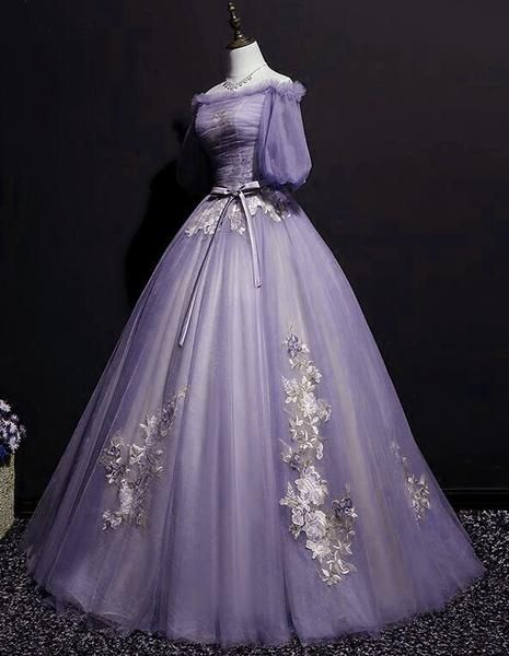 Vestido formal largo de tul morado con mangas cortas, elegante y abullonado, vestido de noche encantador, vestido de fiesta S26513