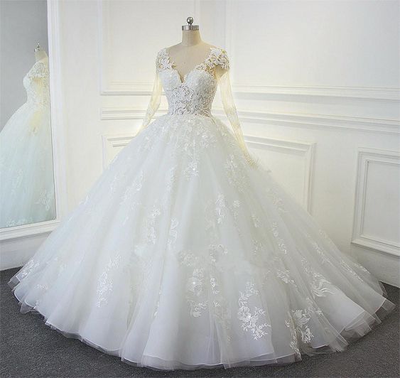V-Ausschnitt Weiß Organza Ballkleid Brautkleider Langarm Brautkleid S27009