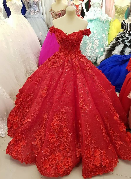 Luxuriöses schulterfreies rotes Ballkleid mit 3D-Blumen, Quinceanera-Kleid Y1217