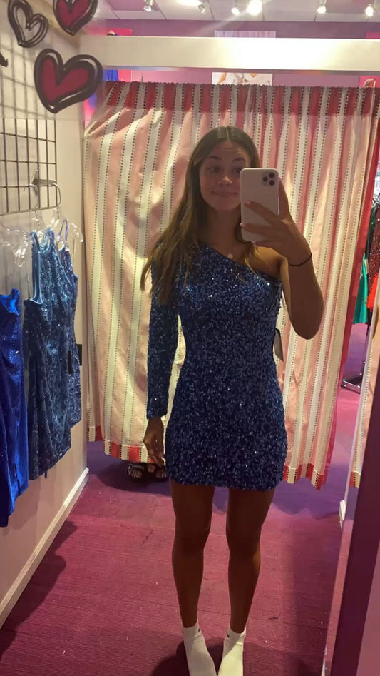 Glänzendes kurzes Homecoming-Kleid mit Pailletten und einem Ärmel, Partykleid Y1199