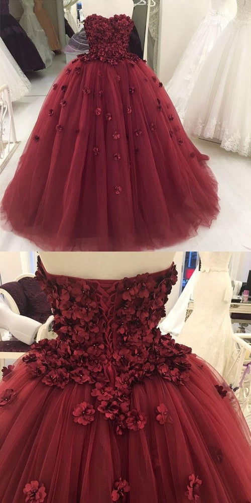 Encantador vestido de fiesta de tul burdeos sin tirantes con flores de mano Y1218