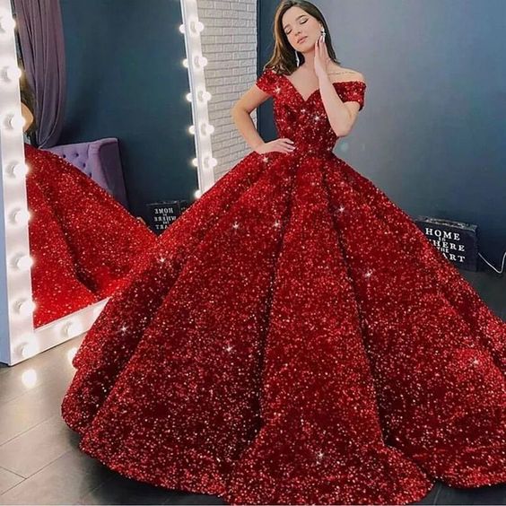 Lujosos vestidos de quinceañera rojos brillantes con hombros descubiertos y lentejuelas, vestido largo estilo princesa para quinceañeras, Y1210