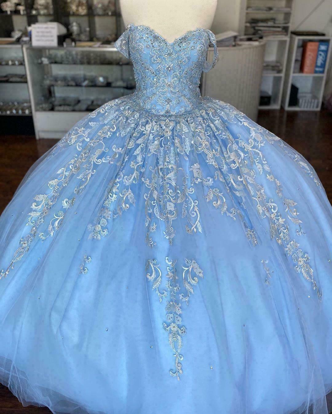 Vestido de quinceañera azul de Winter Wonderland, vestido de tul azul con encaje Y674