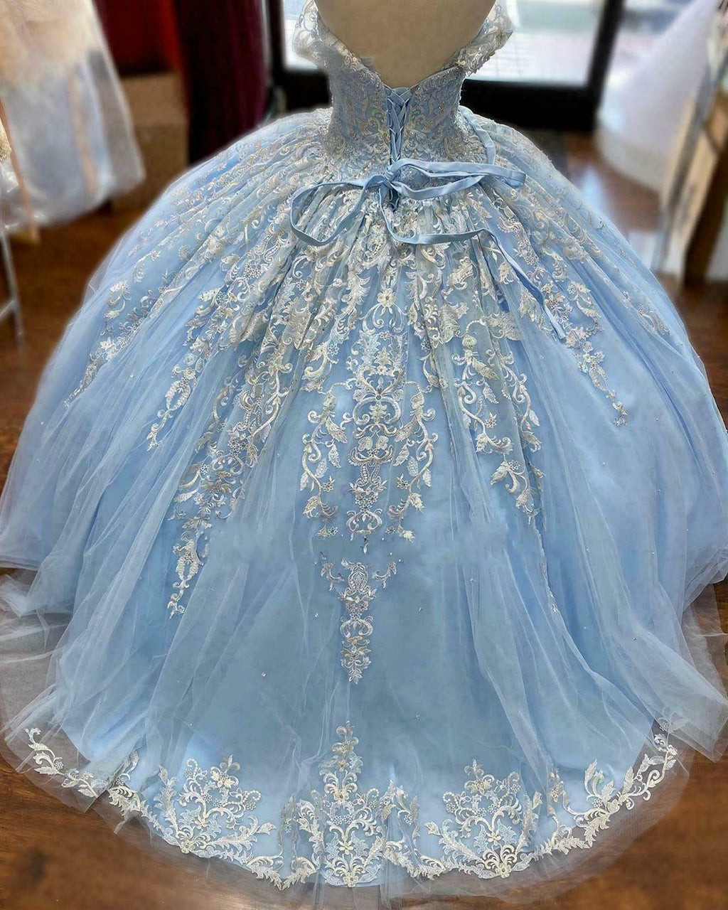 Vestido de quinceañera azul de Winter Wonderland, vestido de tul azul con encaje Y674