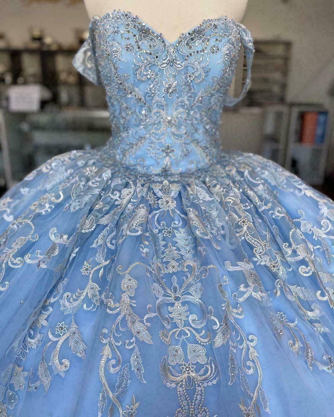 Vestido de quinceañera azul de Winter Wonderland, vestido de tul azul con encaje Y674