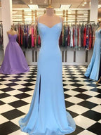 Blaues Meerjungfrau-Satin-Ballkleid mit Seitenschlitz, elegantes blaues Abendkleid Y687