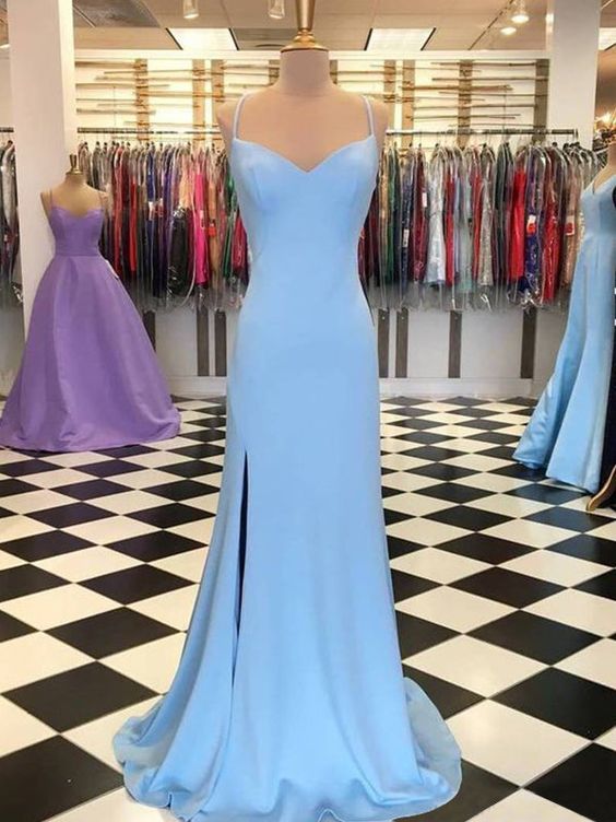 Blaues Meerjungfrau-Satin-Ballkleid mit Seitenschlitz, elegantes blaues Abendkleid Y687