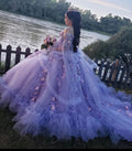 Luxuriöses schulterfreies Tüll-Blumenapplikationen-Ballkleid Lila Sweet 16 Kleid Y679