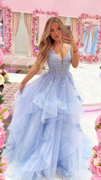 Vestido de fiesta largo de tul con escote en V azul y encaje, vestido de noche azul Y686