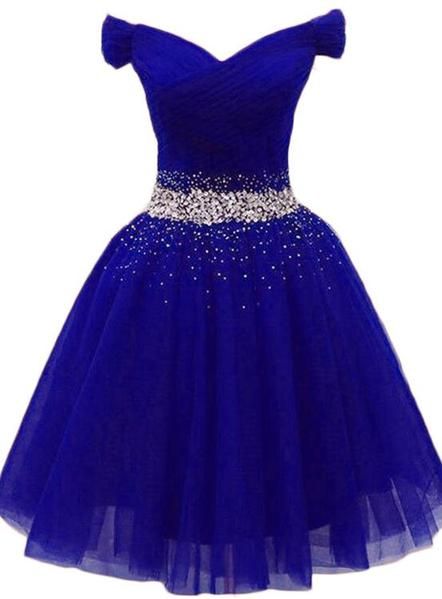 Vestido de fiesta de tul azul rey con encanto, vestido corto de fiesta con cuentas Y675