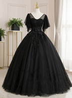 Ballkleid, luxuriöses Quinceanera-Ballkleid mit Blumenmuster, U-Ausschnitt, kurze Ärmel, bodenlang, Tüll mit Faltenstickerei, Y1478
