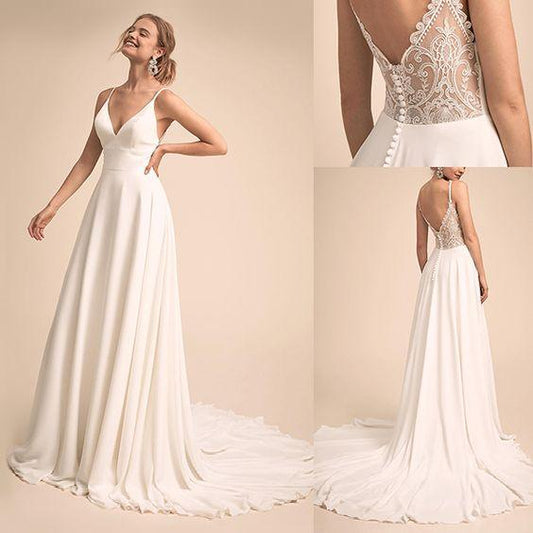 Schlichtes Chiffon-Brautkleid in A-Linie mit V-Ausschnitt und Spaghettiträgern und Spitzenrücken, Brautkleid 2025