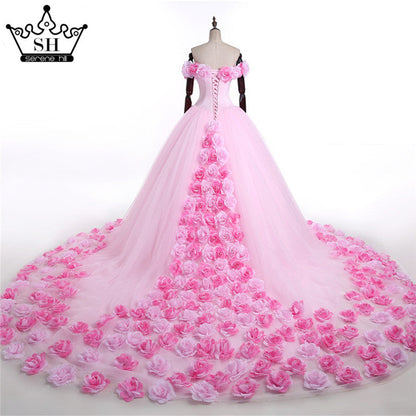 Vestido de novia con diseño de nube rosa y flores rosas HA2003
