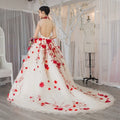 Romantic Sheer Flower Diamond Burgundy  Hater Wedding Dress Bridal Gowns