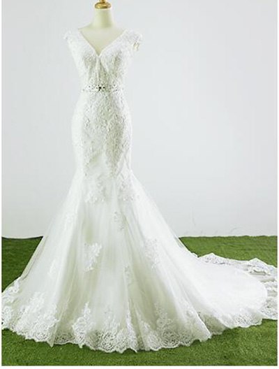 Fotografie Meerjungfrau Brautkleid Deep-V Perlen Kristall Brautkleider HM66259