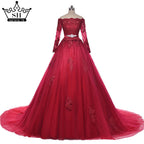 Puffy Burgundy Arab Wedding Dress Elegant Lace Hochzeitskleider Floor Length High Quality Tulle HA2011
