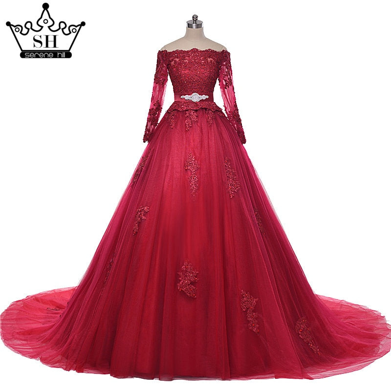 Puffy Burgundy Arab Wedding Dress Elegant Lace Hochzeitskleider Floor Length High Quality Tulle HA2011