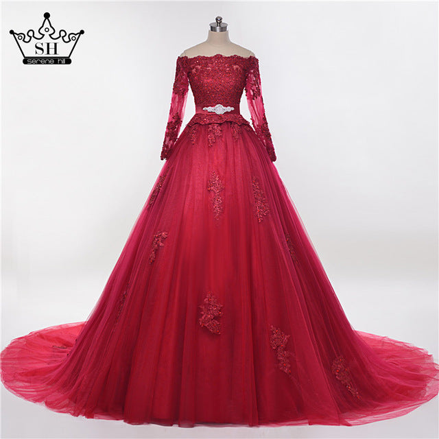 Vestido de novia árabe burdeos con vuelo, elegante vestido de novia de encaje, largo hasta el suelo, tul de alta calidad HA2011