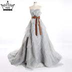 Vestido de novia abullonado, vestido de gala con cuentas de cristal, tul, cola de corte.