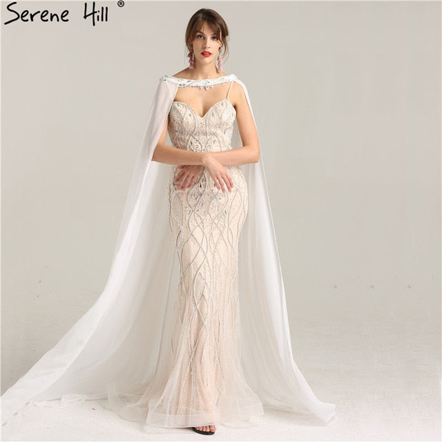 white Nude Heavy Beading Wedding Dresses  With Cap Pearls Crystal Mermaid Wedding Gown LA6098