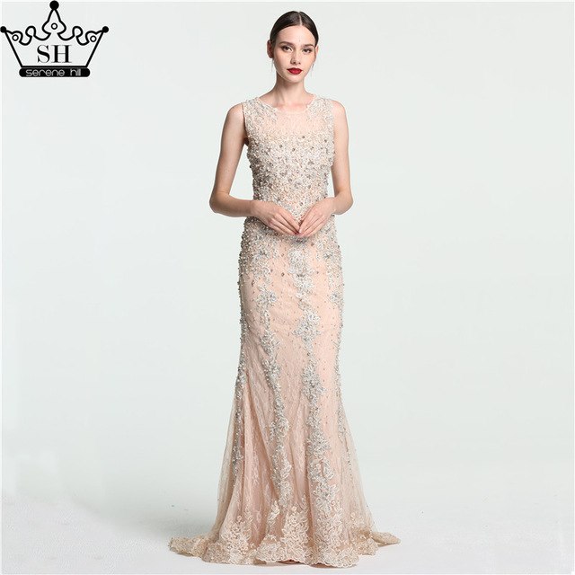 On Sale No Return No Refund Sale Lace  Mermaid Evening Gowns Sleeveless Crystal Pearls Tulle Evening Dress Long LA6117