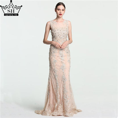On Sale No Return No Refund Sale Lace  Mermaid Evening Gowns Sleeveless Crystal Pearls Tulle Evening Dress Long LA6117