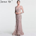 Elegante vestido de noche largo de tul con corte sirena y perlas de cristal LA6087