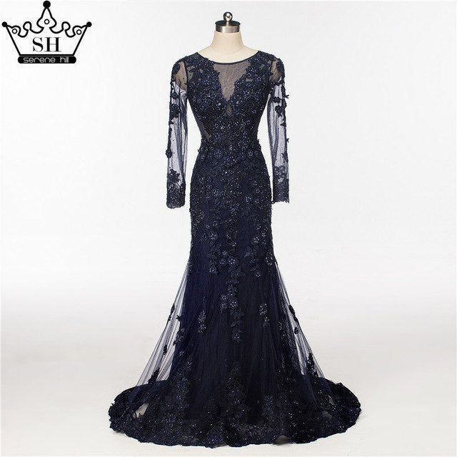 Elegante vestido de noche largo de tul con corte sirena y perlas de cristal LA6087