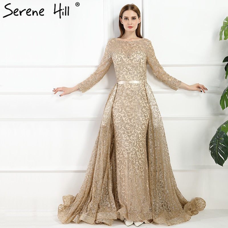 En oferta, sin devolución ni reembolso.Vestido de noche de lujo de sirena de moda, mangas largas, brillante con cola, vestidos de noche 2025 LA6112